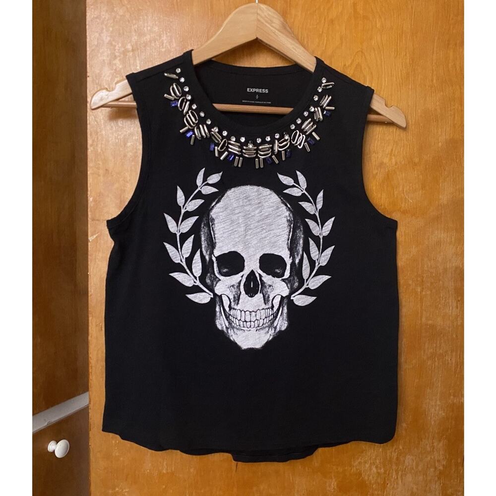 Vintage Y2K Express Graphic Tank Top Indie Sleaze Skulls Studded Sz S Alt Goth